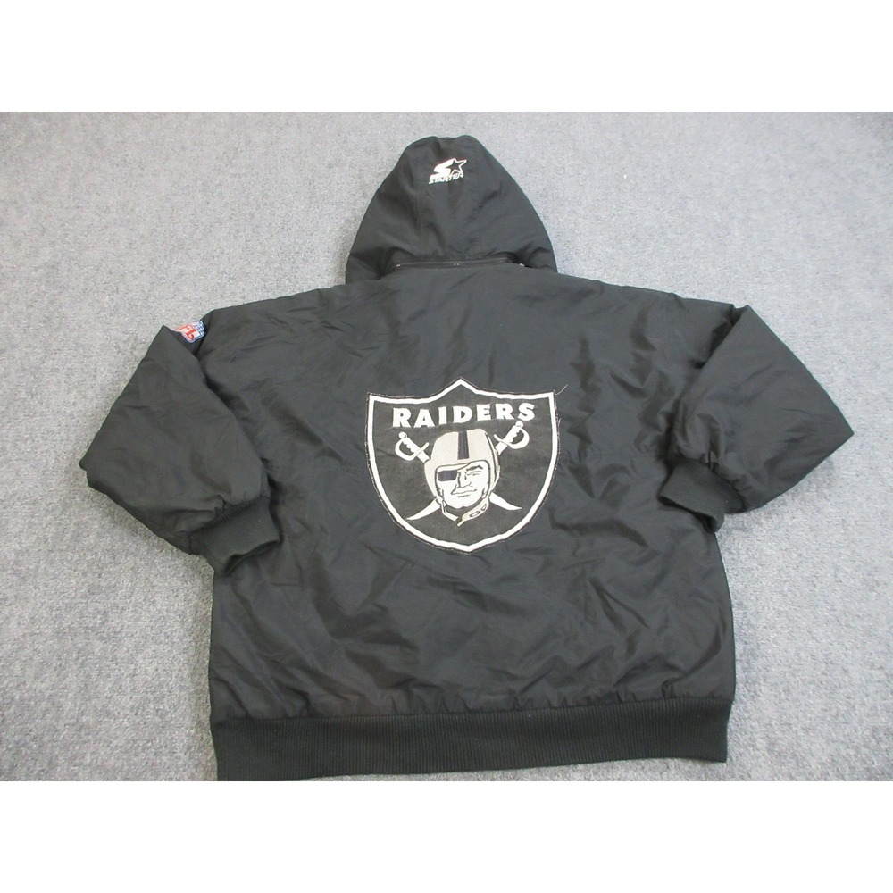 Vintage Raiders Jacket Mens XL Black NFL Football Hooded Parka Starter 90s